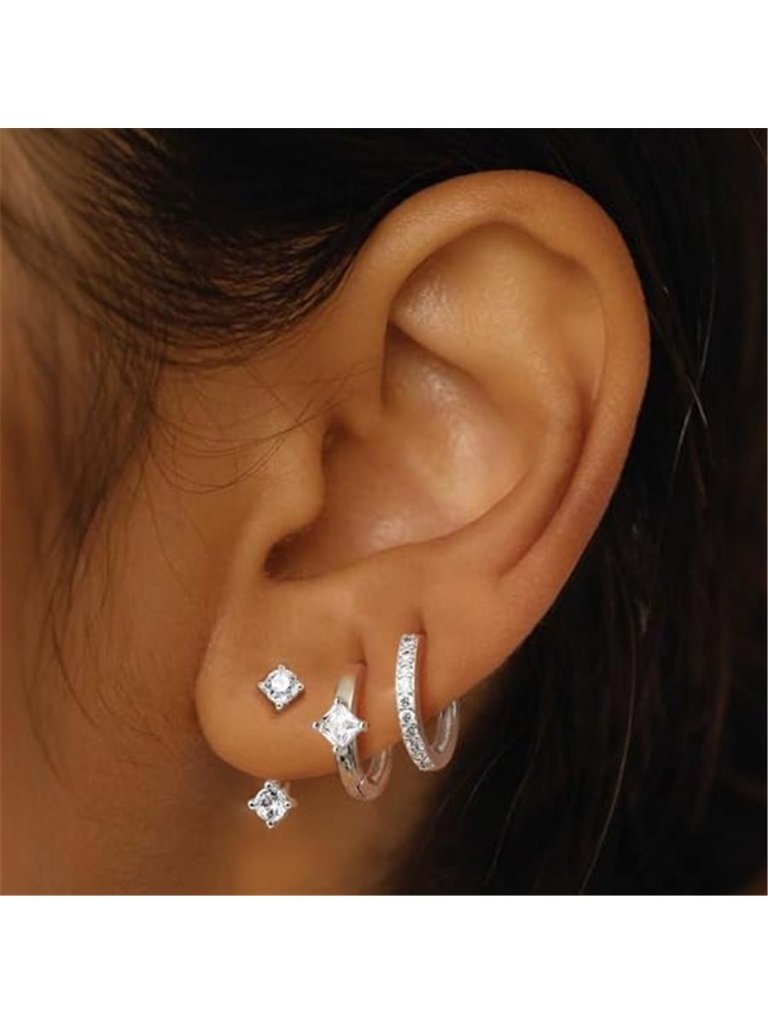 Sterling Silver Hoop Earrings Set Huggie Cz Stack Hypoallergenic Womens